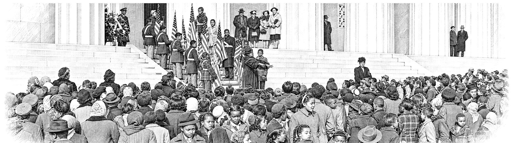 Engraved rendering of a Lincoln’s Birthday commemoration at the Lincoln Memorial, February 12, 1947: a colour guard of Black schoolchildren with flags and a wreath on the steps, a speaker at a lectern, and a large crowd of children below.